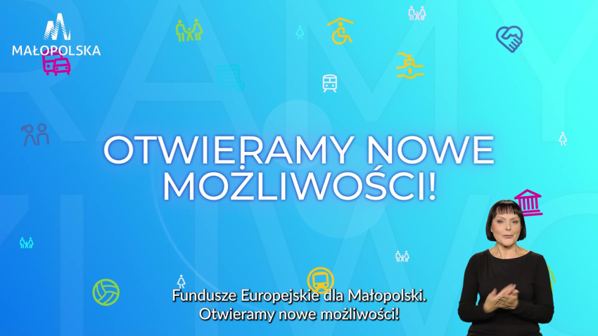 tło w różnych odcieniach niebieskiego, na nim małe ikonki oznaczające programy Funduszy Europejskich. W prawym dolny rogu kobieta-tłumacz języka migowego.