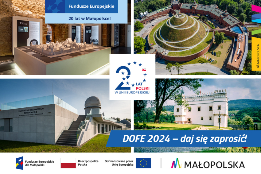 Grafika na wydarzenie DOFE 2024 składająca się z 4 małych obrazków: Muzeum Podziemne w Olkuszu, Kopiec Kościuszki, Obserwatorium astronomiczne,  zamek w Suchej Beskidzkej. Logotypy: Fundusze Europejskie, 20lecie Polski w UE, Małopolska, Rzeczpospolita Polska. 