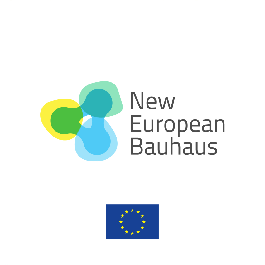 Logotyp Nowego Europejskiego Bauhausu oraz flaga Unii Europejskiej na białym tle